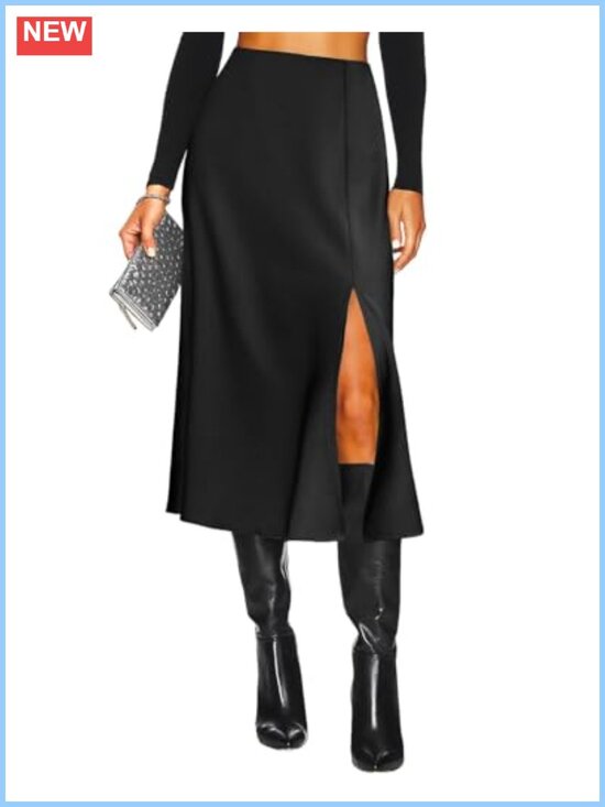 Dresses & Skirts - High Waisted Slit Satin Midi Skirt A-Line Elegant Party
